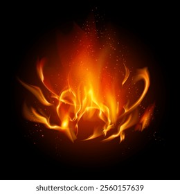 Realistic fire flames isolated on a dark background, ideal for fiery designs, banners, or special effects