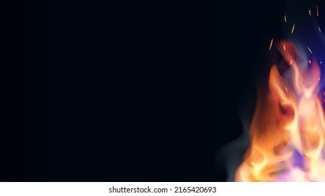 Realistic Fire Flames minimalistic background. Transparent Orange fire with the smoke and sparks graphic concept for your design