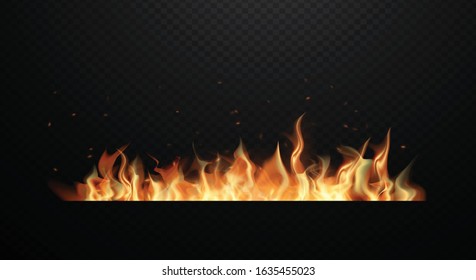 Realistic fire flames on transparent black background. Flat design vector illustration