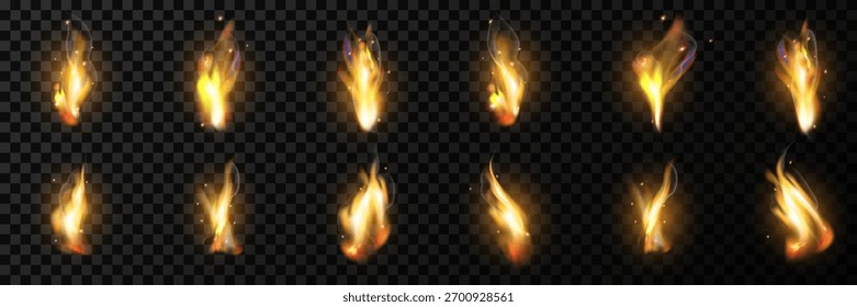 Llamas de fuego realistas sobre un fondo transparente. Efecto de fuego ardiente amarillo brillante y naranja para el diseño.