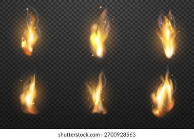 Llamas de fuego realistas sobre un fondo transparente. Efecto de fuego ardiente amarillo brillante y naranja para el diseño.