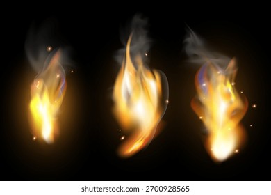 Realistic fire flames on a transparent background. Bright yellow and orange burning fire effect for design.