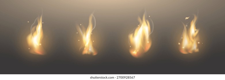 Llamas de fuego realistas sobre un fondo transparente. Efecto de fuego ardiente amarillo brillante y naranja para el diseño.