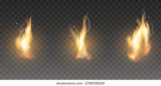 Llamas de fuego realistas sobre un fondo transparente. Efecto de fuego ardiente amarillo brillante y naranja para el diseño.
