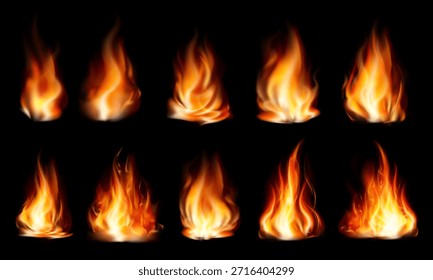 Llamas de fuego realistas en un fondo transparente, efecto fuego, hoguera. Ilustración vectorial