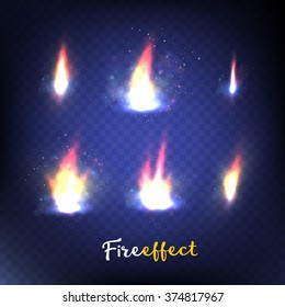 Realistic fire flames on transparent background. Special effects. Vector illustration. Translucent elements. Transparency grid. Fire effect. Set
