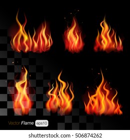 Realistic fire flames on transparent background vector illustration set. Burning creative multicolor template. Logo design concept.