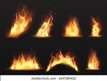 Realistic fire flames set isolated on transparent background. Vector mockup of ignite effect, bright burning blaze with smoke and sparks. Design elements of glowing yellow translucent fire flames