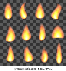 Realistic fire flames set isolated on transparent background vector illustration.