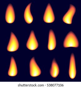 Realistic fire flames set isolated, vector illustration.