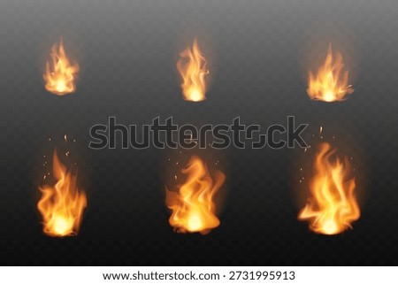 Realistic fire flames set isolated on transparent background