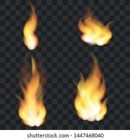 Realistic fire flames set.   Fire light border isolated on black background. Vector flame of campfire.  