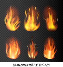 Realistic fire flames set on transparent background. 3D bonfire on transparent background isolated vector illustration