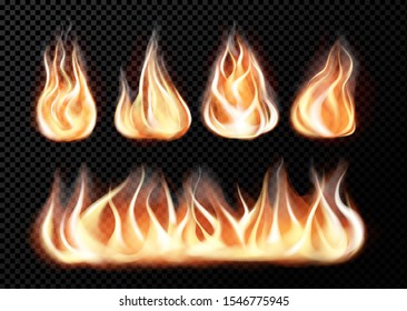 Realistic fire flames set on transparent black background