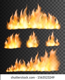 Realistic fire flames set on transparent black background. Vector illustration 