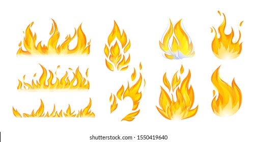 Realistic fire flames set. Flames red and orange hot flaming heat explosion cartoon, hot flame energy, fire animation vector illustration