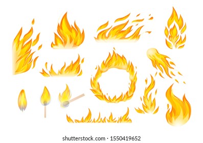 Realistic fire flames set. Flames red and orange hot flaming heat explosion cartoon, hot flame energy, fire animation vector illustration