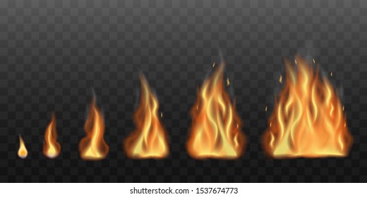 Realistic fire flames set from a small light to big bonfire 3d vector illustration isolated on transparent background. Energy and danger flame symbols and icons collection.