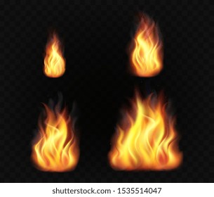 Realistic fire flames. Set of transparent burning light effects.