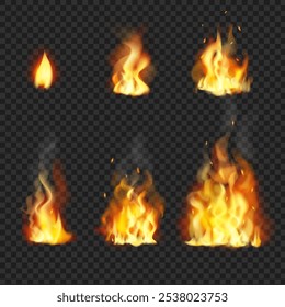 Realistic fire flames set. Various size of burning bonfire flame with sparks on transparent background isolated vector illustration