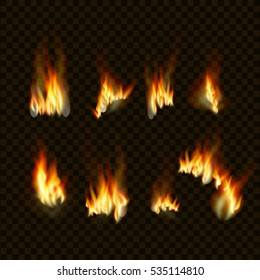 Realistic Fire Flames Set. Vector Illustration.