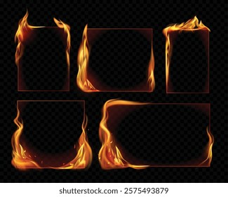 Realistic fire frame. Flame borders with sparkles, burning fiery square and rectangular banners with glow and copy space. Vector flare frames set.