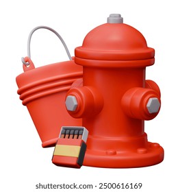 Realistic fire hydrant, red metal bucket, open box with matches
