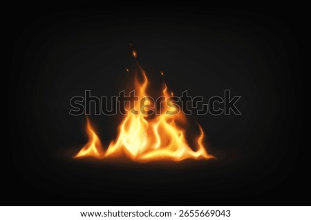 Realistic fire illustration with bright flames dancing on a dark backdrop. The orange and yellow hues evoke warmth and intensity. Ideal for dramatic themes.