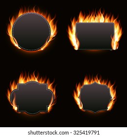 Realistic Fire Label Set on Dark Background Vector Illustration EPS10