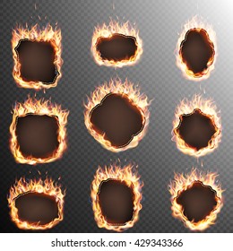 Realistic Fire Label Set on transparent Background. EPS 10 vector file included