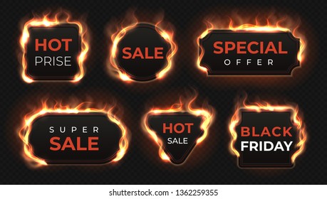 Realistic fire labels. Hot deal and sale offer text banners with shiny flame effect, isolated design objects. Vector burning commercial labels set