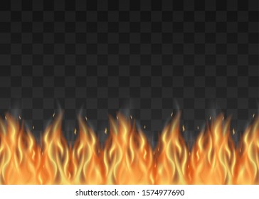 Realistic fire line isolated on dark transparent background - bottom border with orange flame. Burning object decoration element - vector illustration.