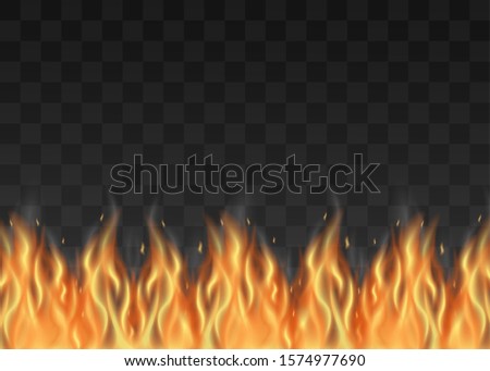 Realistic fire line isolated on dark transparent background - bottom border with orange flame. Burning object decoration element - vector illustration.
