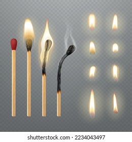 Realistic fire match stick burning step by step. Flame matches, burned wooden stick and coal. Isolated real burn wick, flames pithy vector set