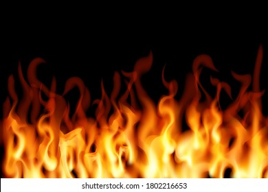 Realistisches Feuer auf schwarzem Hintergrund. Vektorgrafik. Brennendes Design.