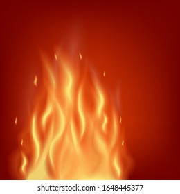 Realistisches Feuer auf rotem Hintergrund - leere Designvorlage mit heiß orangefarbenem Blaze auf buntem Hintergrund mit leerem Kopienraum. quadratische Vektorillustration