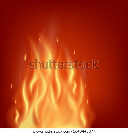 Realistic fire on red background - blank design template with hot orange blaze on colorful backdrop with empty copy space. Square shaped vector illustration
