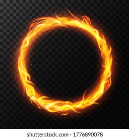 Realistic fire ring. Burning flame circle hoop, red flaming round light, circus fiery circle ring frame isolated vector illustration. Ring fire realistic, light circle glow