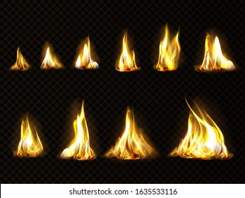 Realistic fire set for animation, torch flame isolated on transparent background. Burning blaze effect, glow orange and yellow shining flare design elements 3d vector illustration, icon, clip art