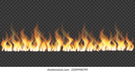 Realistic fire set. Flame fire illustrations. Border made of fire