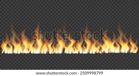 Realistic fire set. Flame fire illustrations. Border made of fire