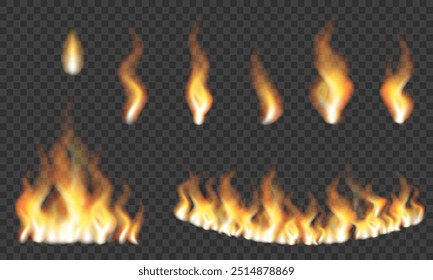 Realistic fire set. Red fiery flames for used on dark illustrations.