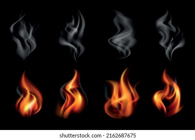 Realistic fire smoke colored icon set with gray and red isolated fires on black background vector illustration