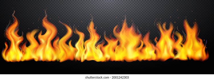 Realistic fire with smoke isolated on transparent background. Vector mockup of flame border, bright burning blaze with smoke and sparks. Glowing fiery wall with ember particles and fume.