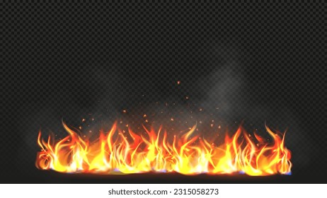 Realistic fire with smoke on a dark background. Vector illustration