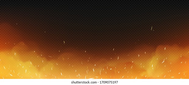 Realistic fire with smoke and weld sparks, flame isolated on transparent background. Burning campfire, blaze effect, glow orange and yellow shining flare with steam, 3d vectorframe, border