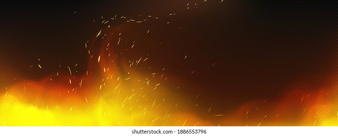 Realistic fire with smoke and weld sparks, flame isolated on transparent background. Burning campfire, blaze effect, glow orange and yellow shining flare with steam, 3d vector illustration, mock up