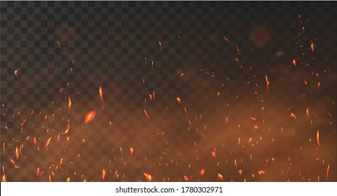 Realistic Fire Sparks Background On A Transparent Background. Burning Hot Sparks Effect With Embers Burning Cinder And Smoke Flying In The Air. Heat Effect With Glow And Sparks From Bonfire. Vector