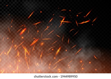 Realistic fire sparks background on a transparent background. Burning hot sparks effect with embers burning cinder and smoke flying in the air. Heat effect with glow and sparks from bonfire. Vector