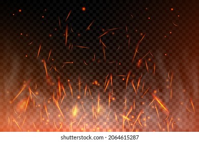 Realistic Fire Sparks Background On A Transparent Background. Burning Hot Sparks Effect With Embers Burning Cinder And Smoke Flying In The Air. Heat Effect With Glow And Sparks From Bonfire. Vector